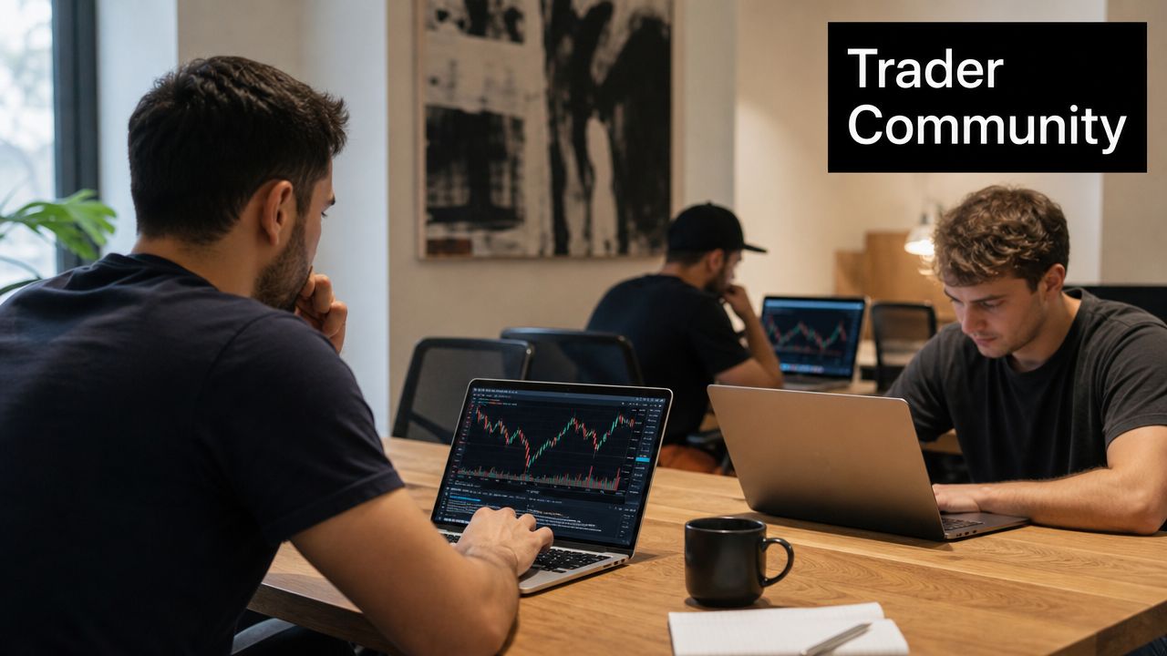 A focused group of young traders working on their laptops in a professional shared office space.