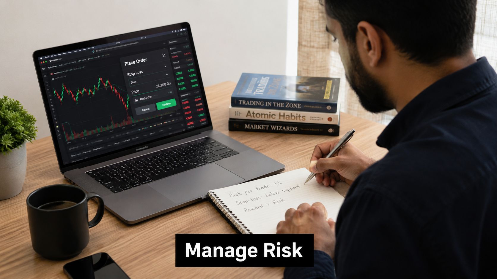 A trader sitting at a desk with a laptop, books, and a notebook focused on risk management.