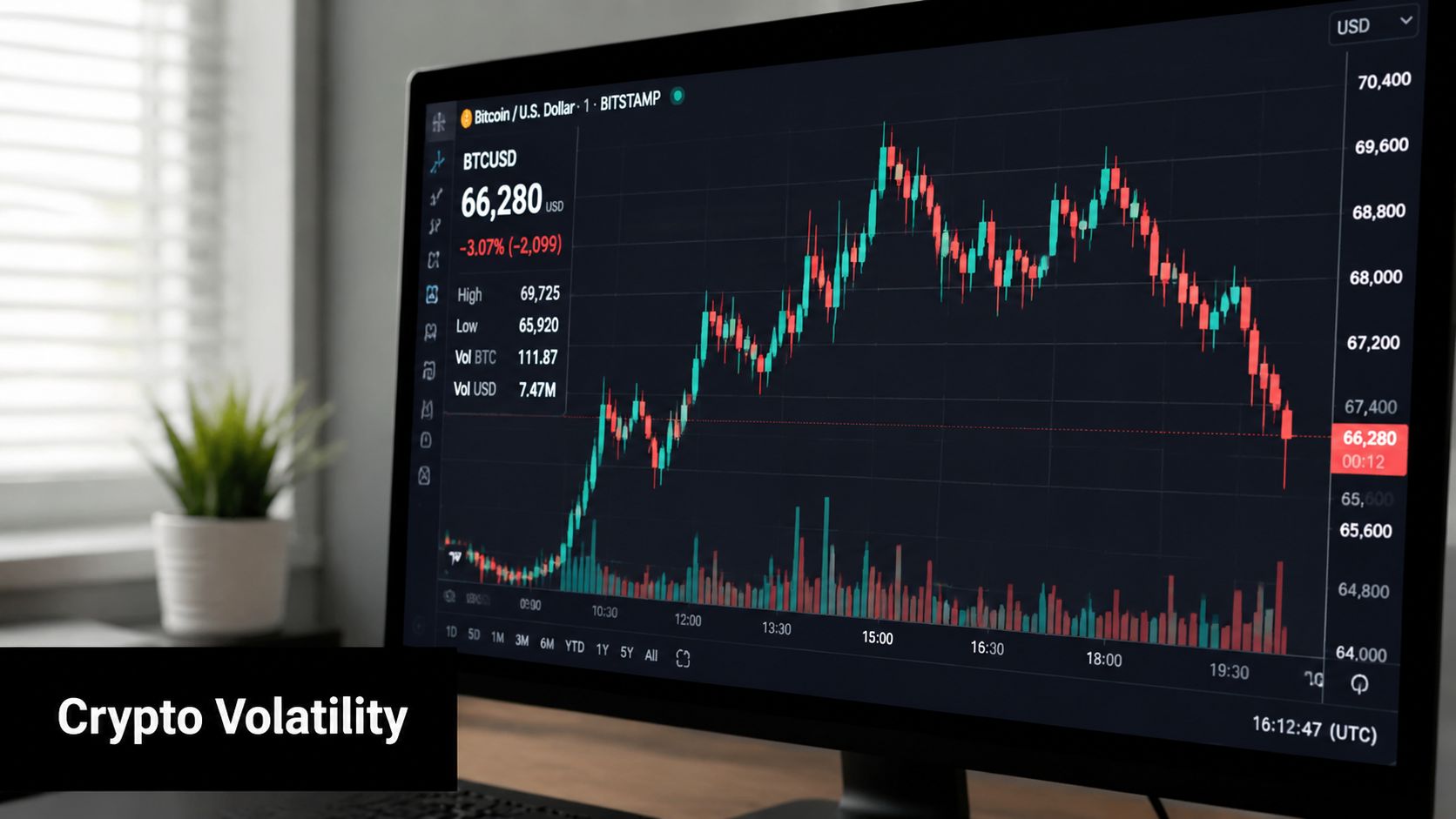 A computer screen displaying a live Bitcoin price chart showing market volatility in a modern office.