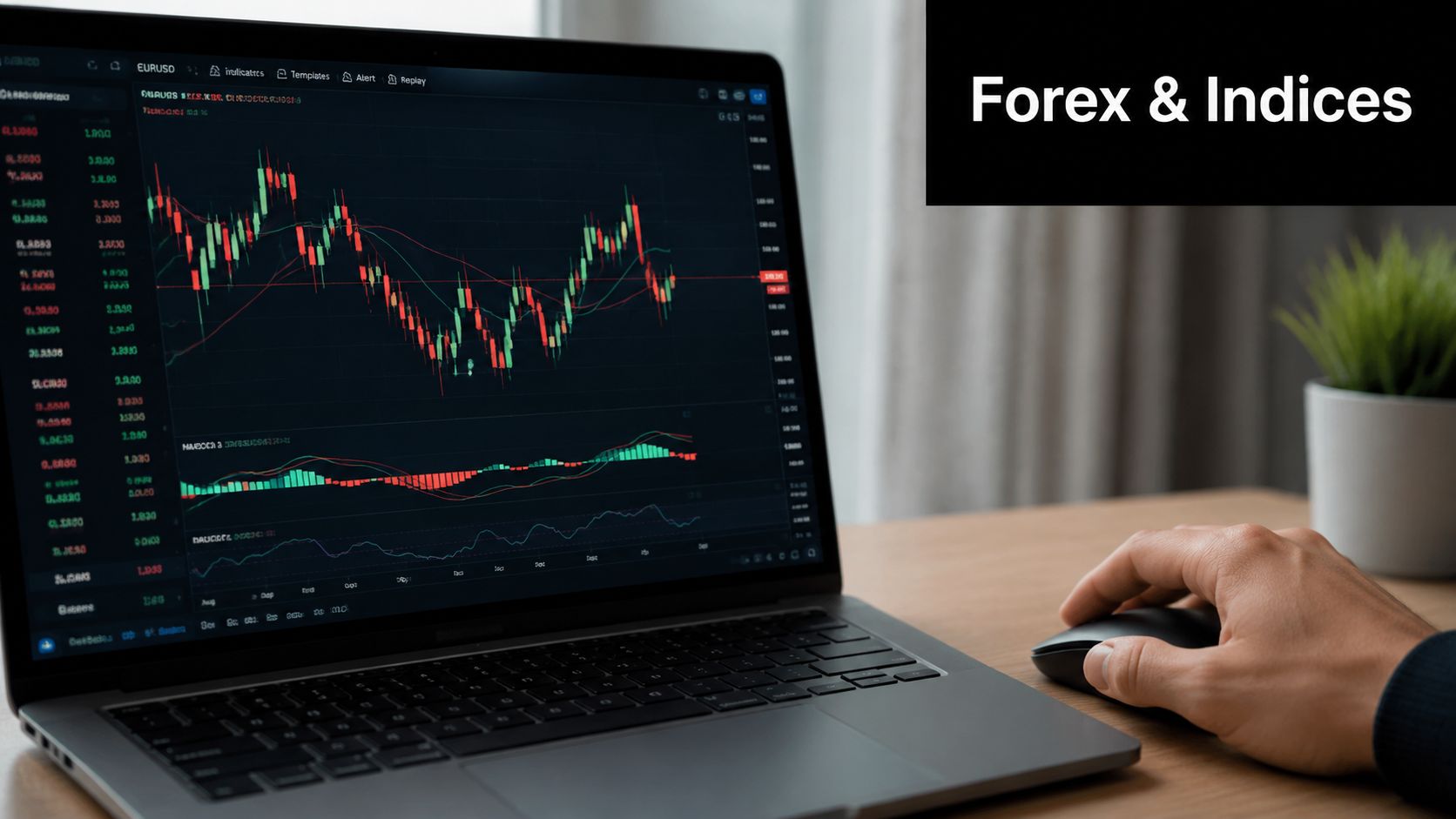 A person using a laptop with financial trading charts displayed on the screen for market analysis.