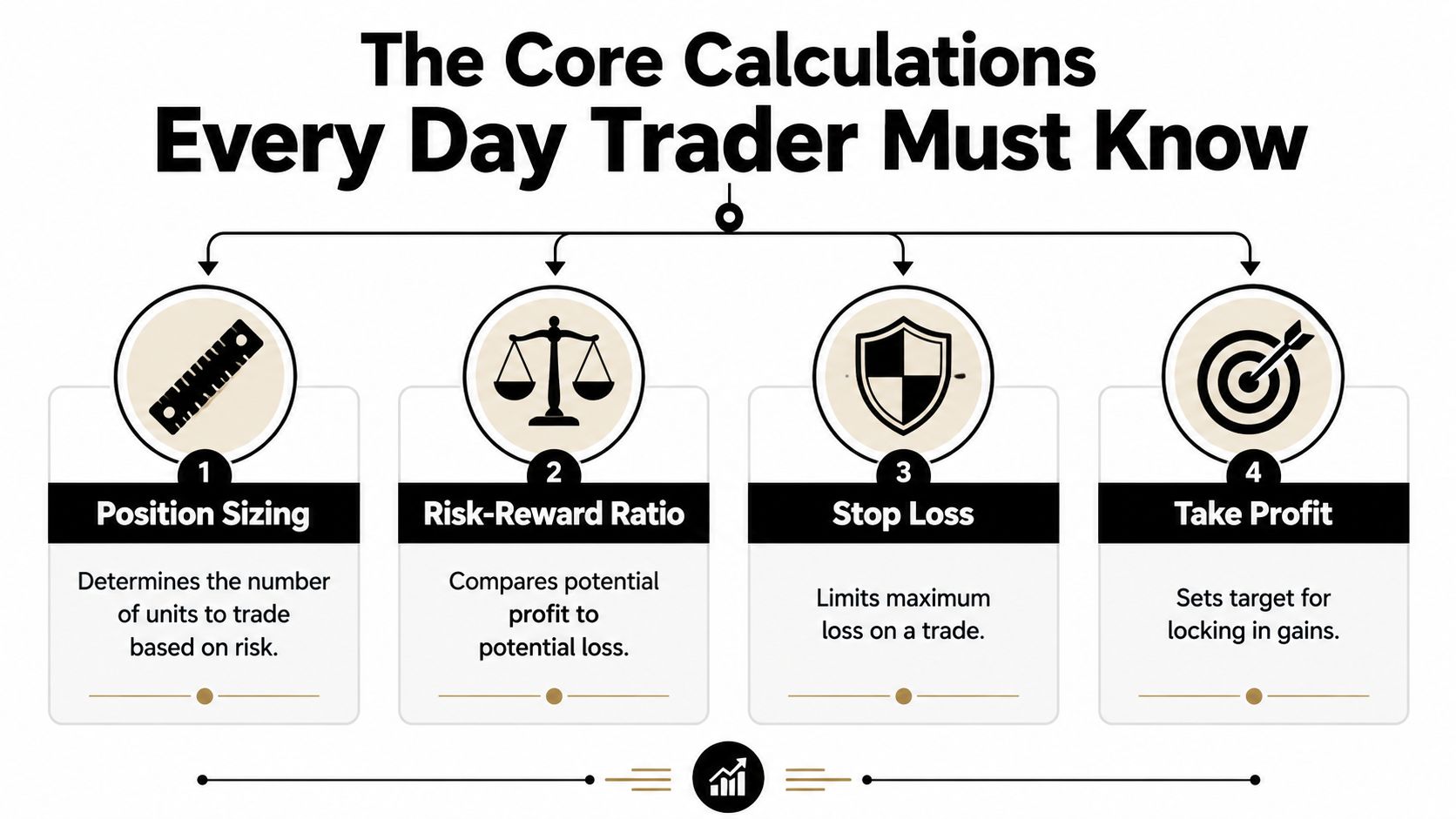An infographic showing the four essential calculations for day traders: position sizing, risk-reward ratio, stop loss, and take profit.