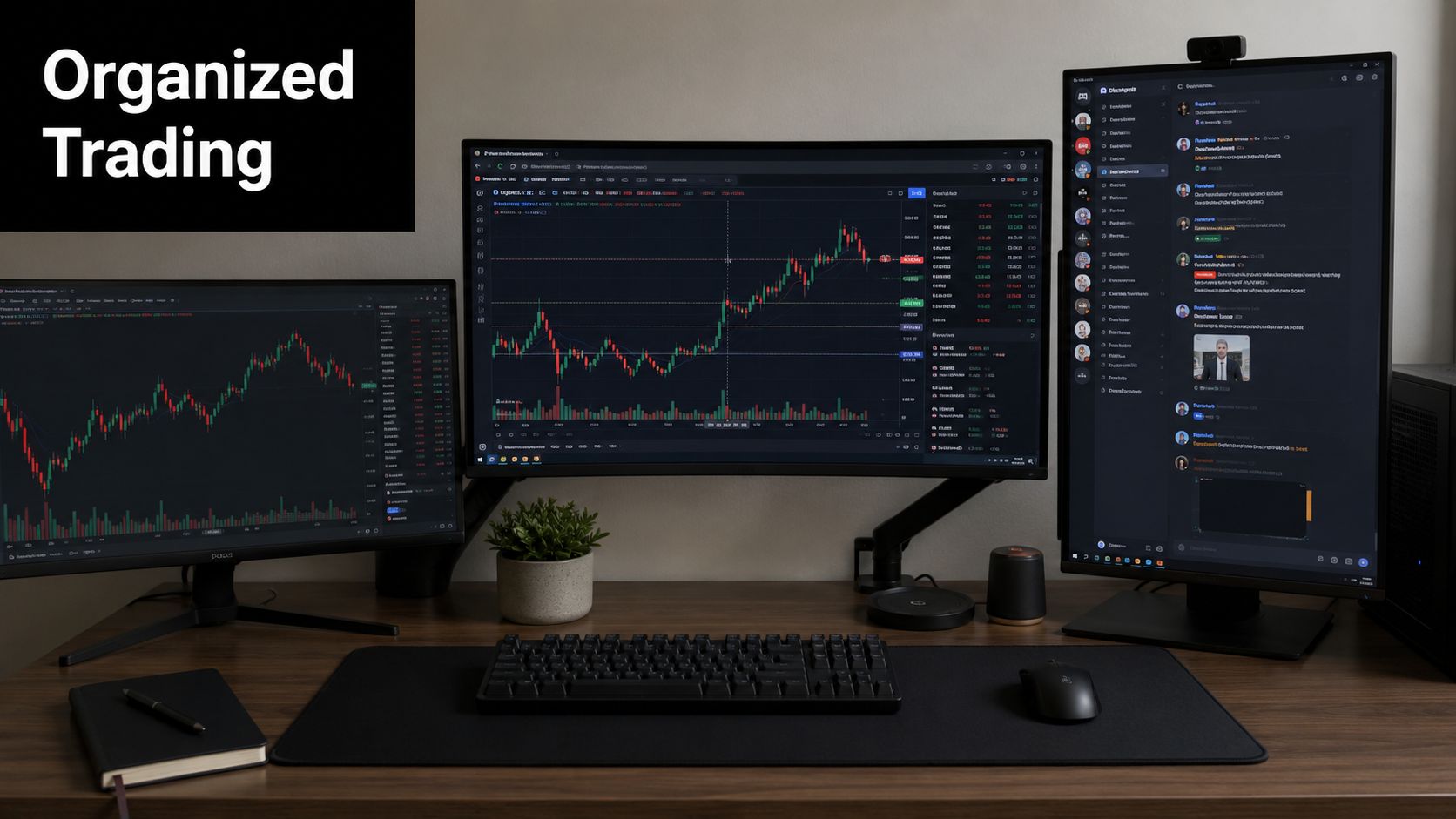A clean trading desk setup featuring multiple monitors displaying stock market charts and a discord communication channel.