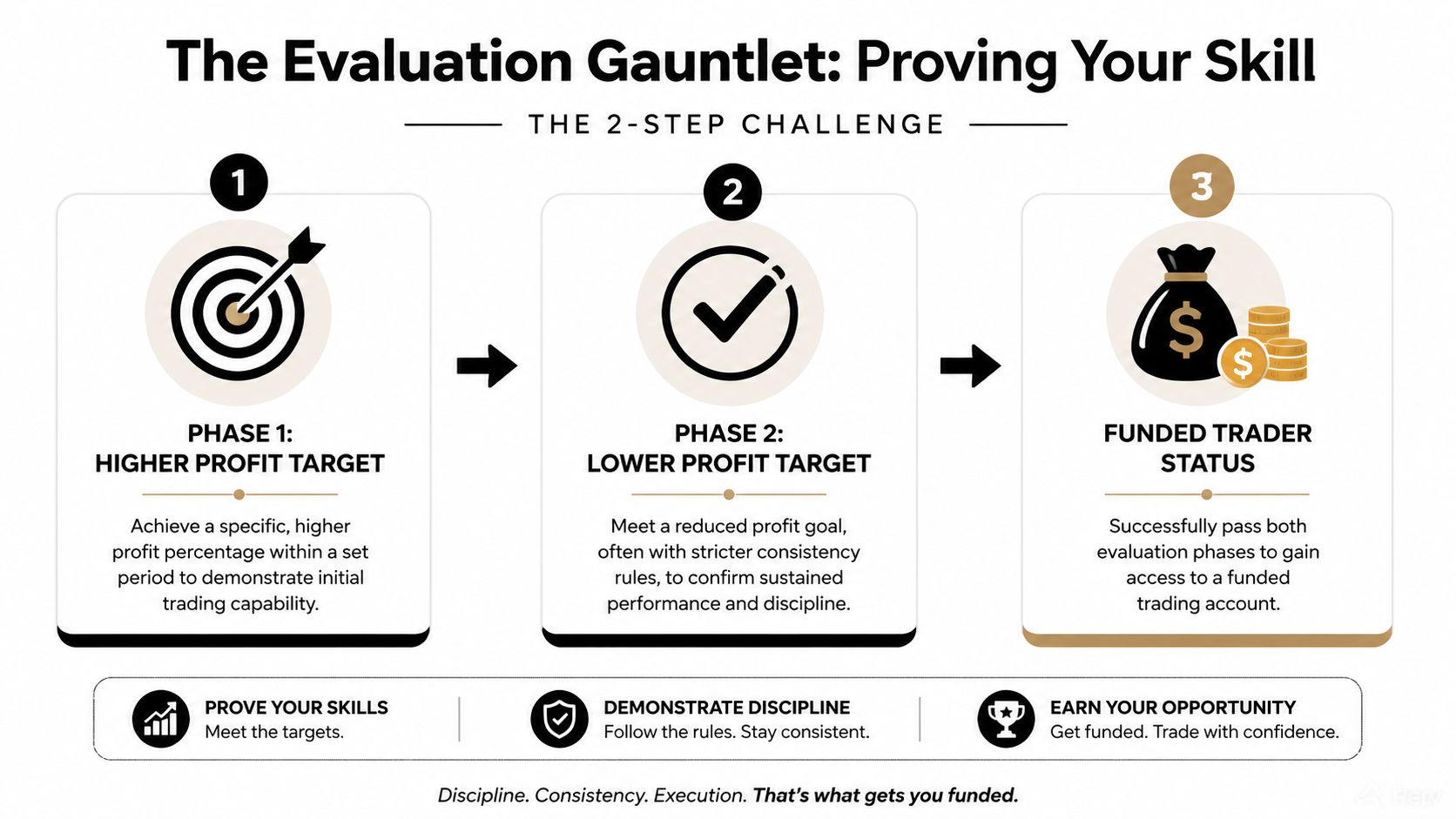 A diagram illustrating a two-step evaluation process for becoming a funded trader in financial markets.