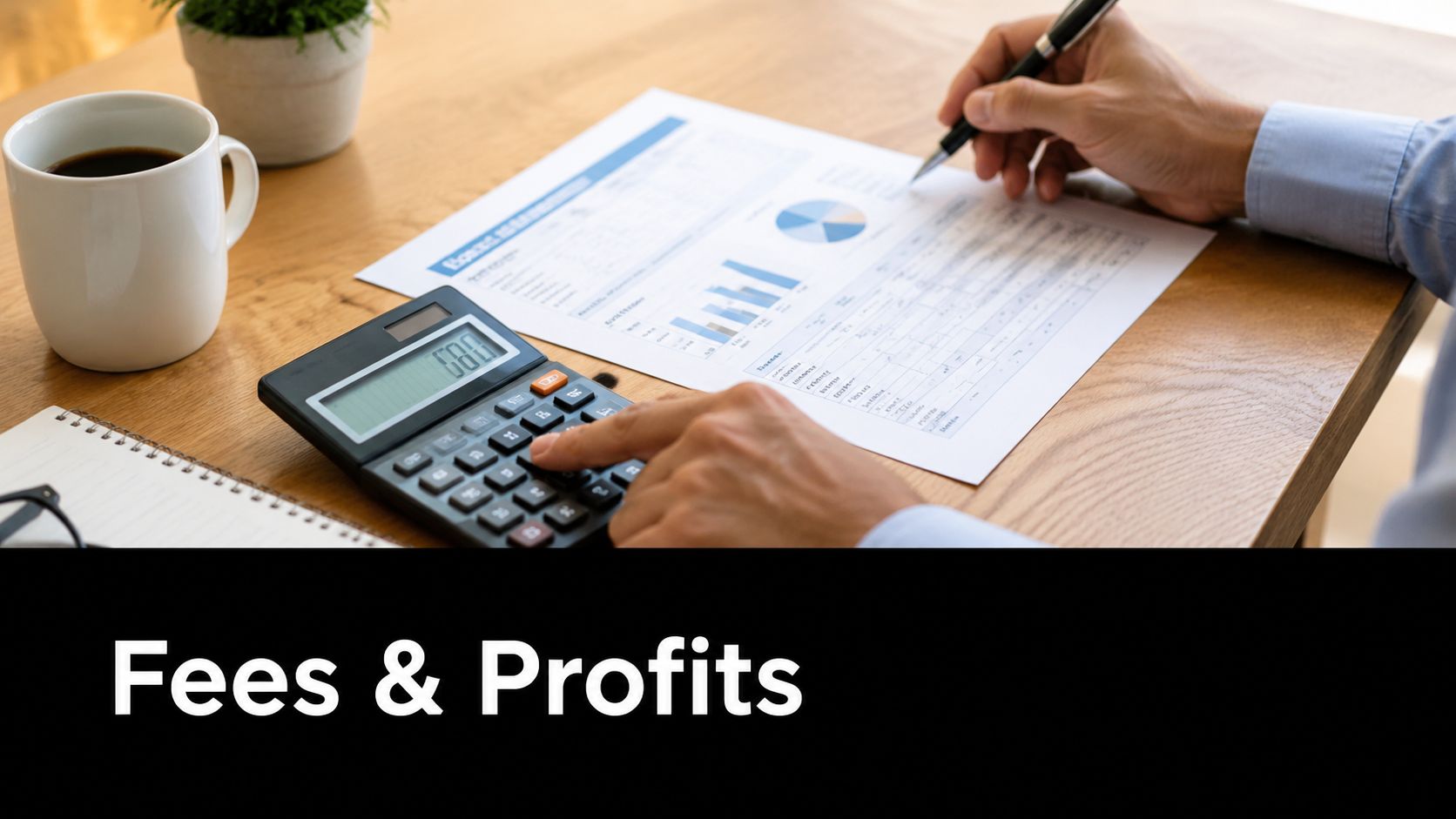 A professional analyzing financial documents with a calculator on a desk, representing fees and profits.