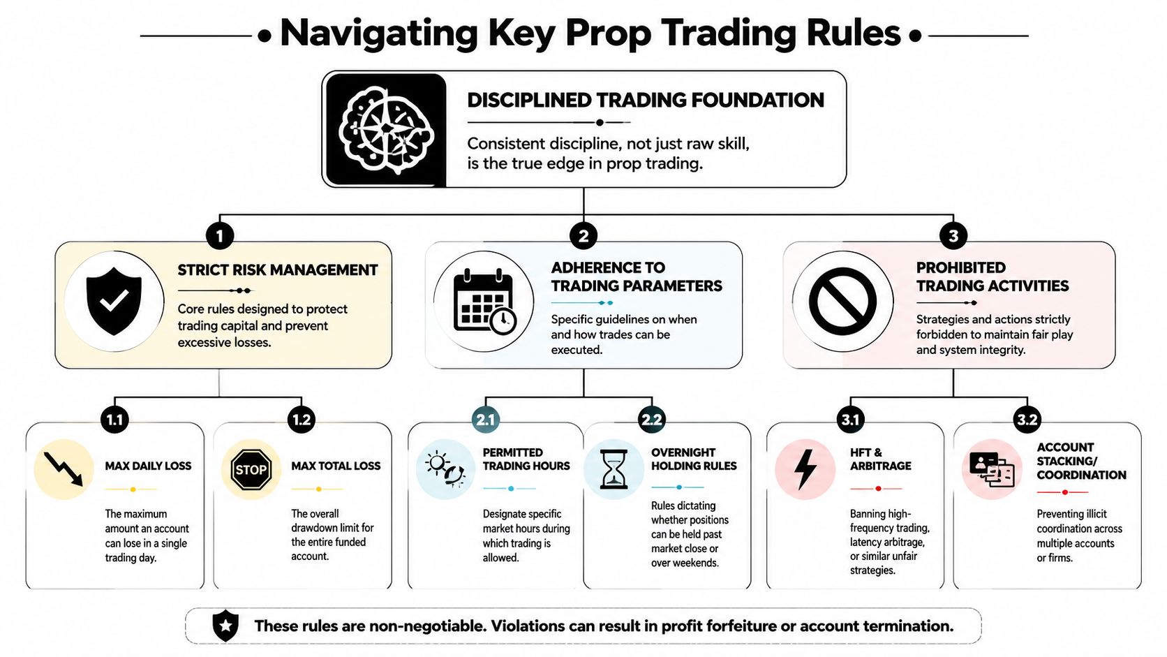 A diagram illustrating the key rules for prop traders, including risk management, trading parameters, and prohibited activities.