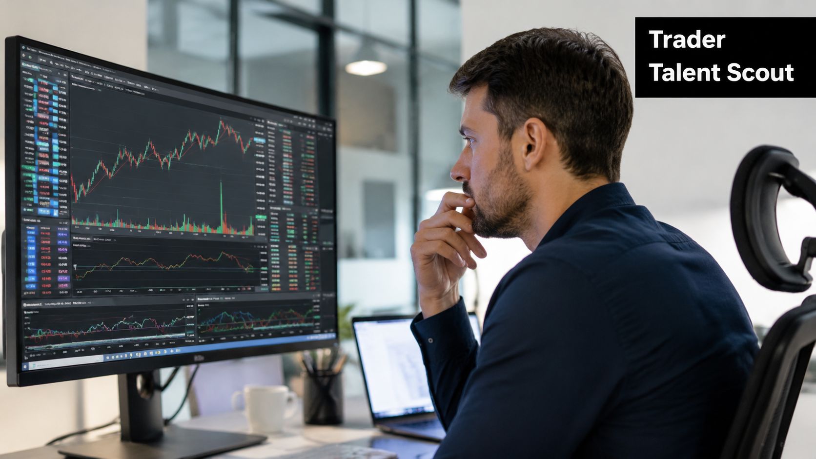 A professional trader sitting at a desk and analyzing complex financial stock market charts on a computer.