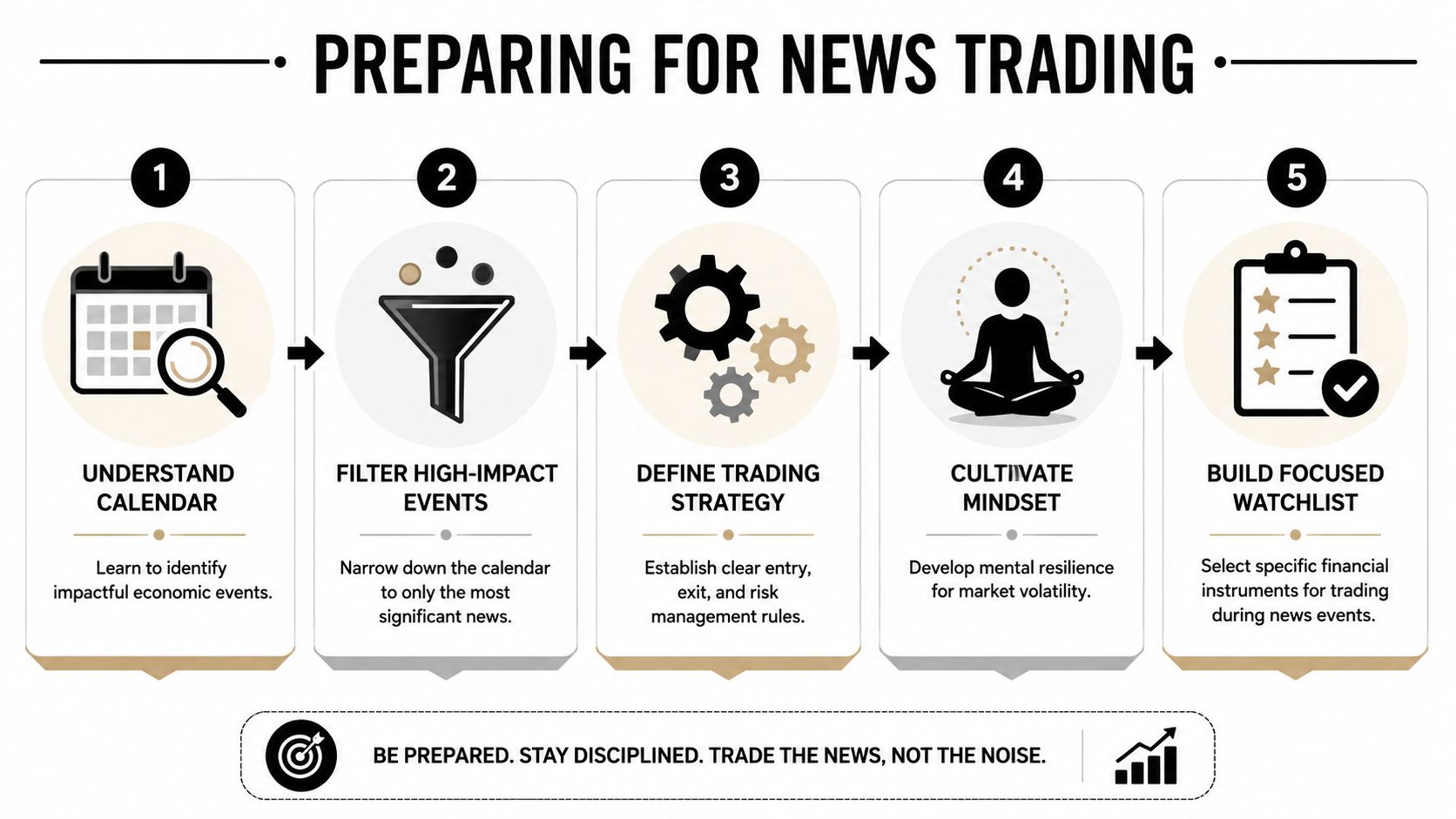 A five-step infographic illustrating the process of preparing for news trading in financial markets.
