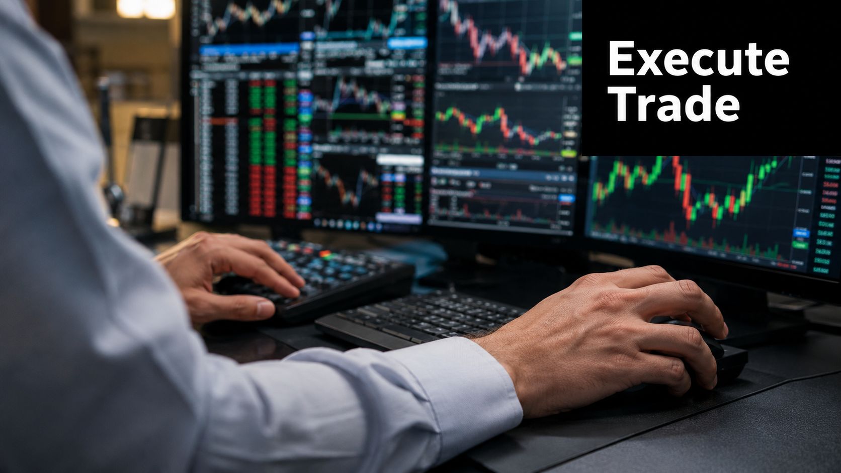 A professional trader sitting at a desk with multiple monitors displaying complex stock market trading charts.