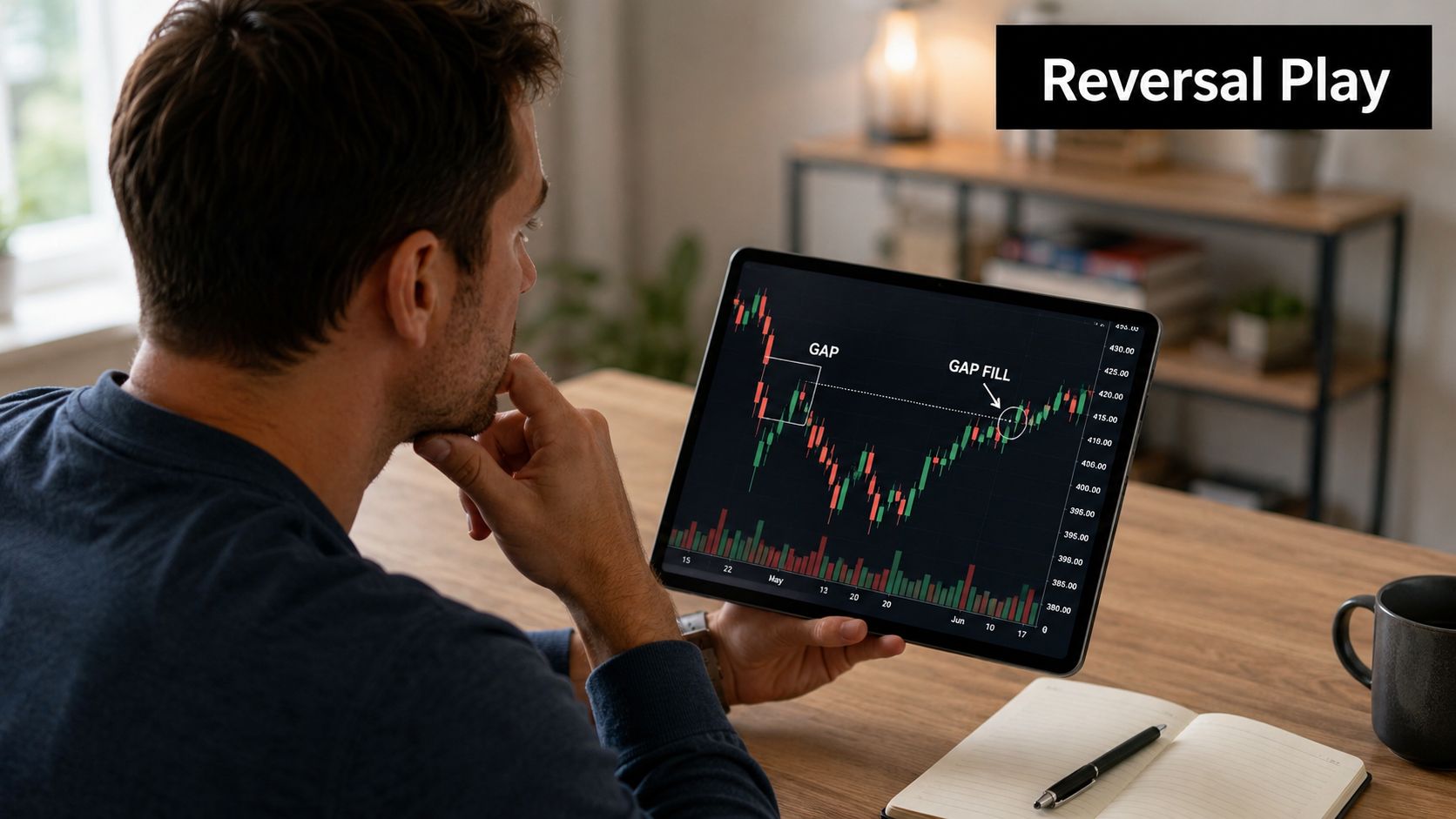 A man studying a stock market chart on a tablet displaying a gap and gap fill trade.