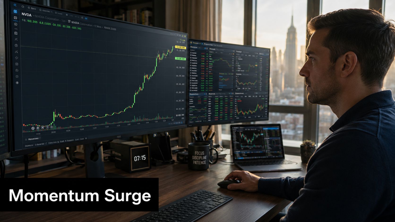A professional trader analyzes NVDA stock market charts on multiple screens in a high-rise office at dawn.
