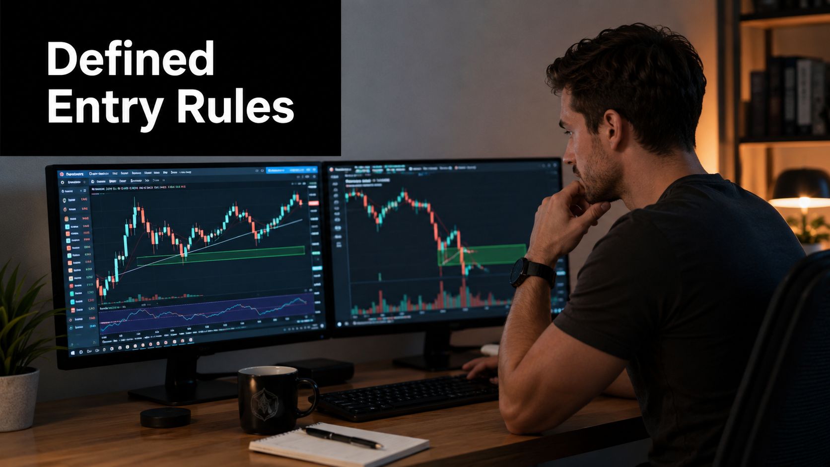 A professional trader sitting at a desk with two monitors displaying financial market technical analysis charts.