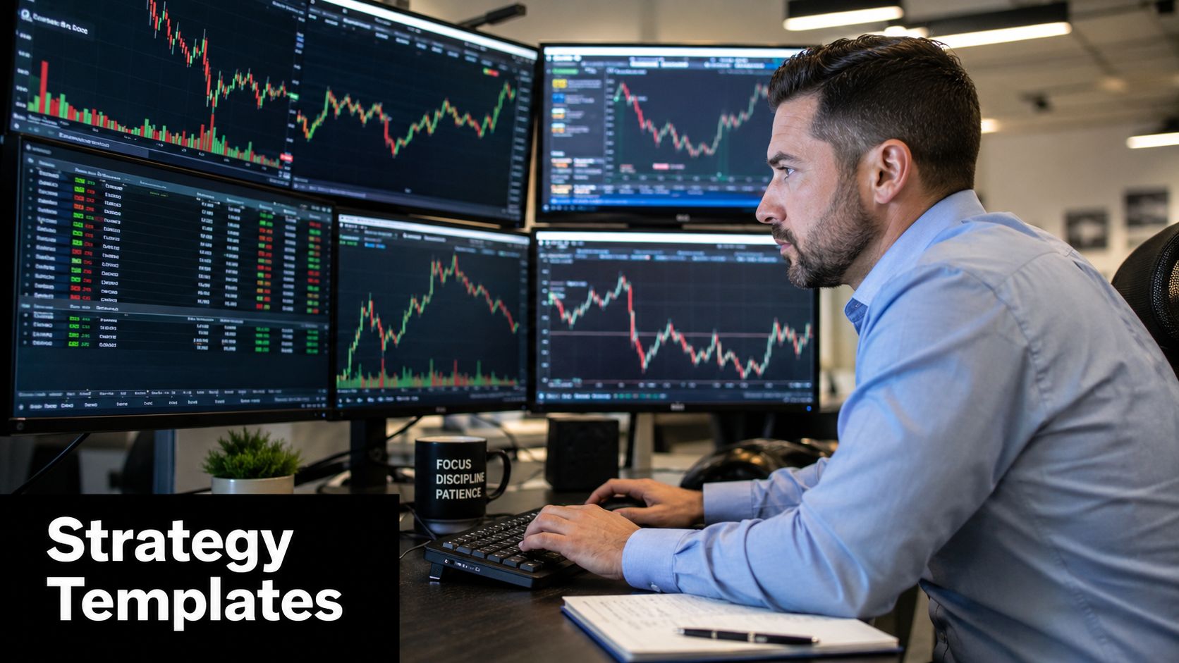 A professional trader sitting at a desk with multiple monitors displaying complex stock market trading charts.