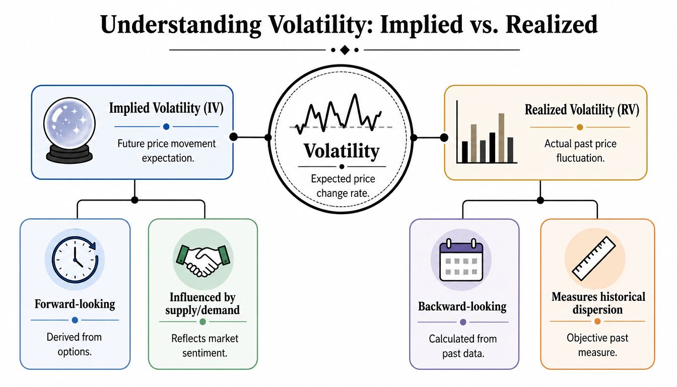A diagram comparing implied volatility as forward-looking market expectations versus realized volatility as backward-looking past price fluctuations.