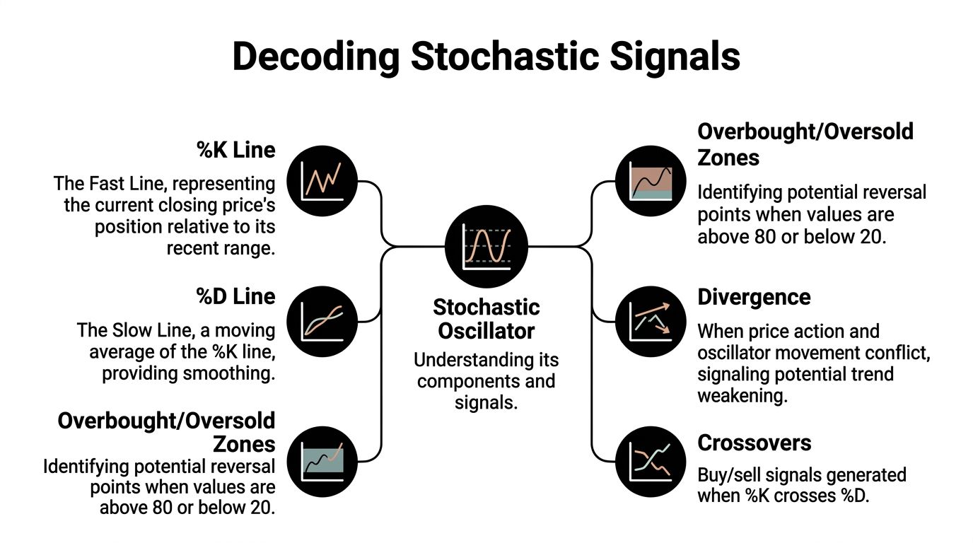 A diagram explaining the components and signals of the stochastic oscillator in technical trading analysis.