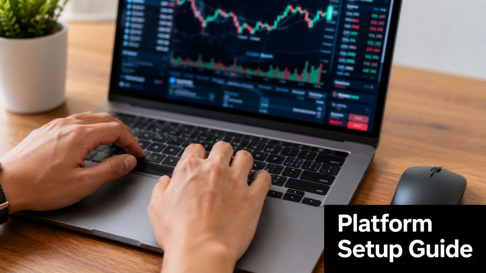 A close-up view of a person using a laptop to view stock market charts for trading analysis.