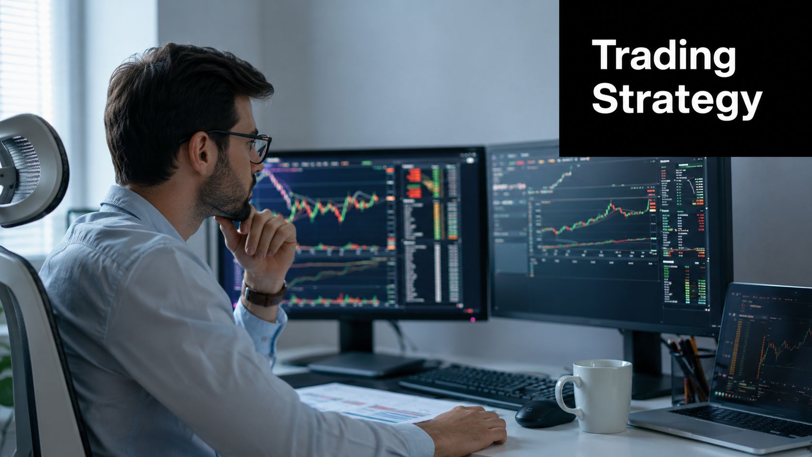 A professional trader sitting at a desk with multiple monitors analyzing complex stock market charts.