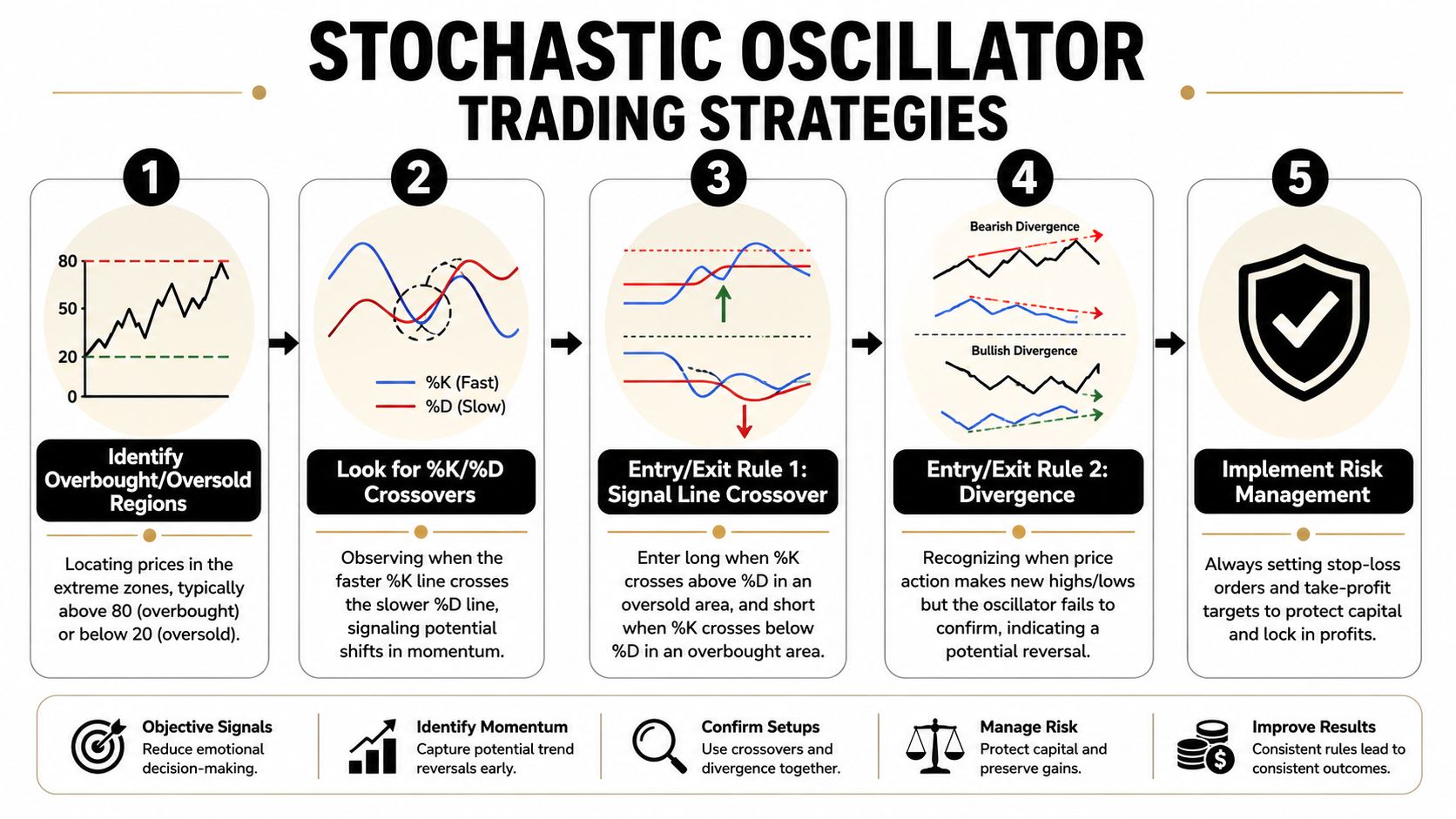 A five-step infographic showing how to use the Stochastic Oscillator indicator for trading strategies.
