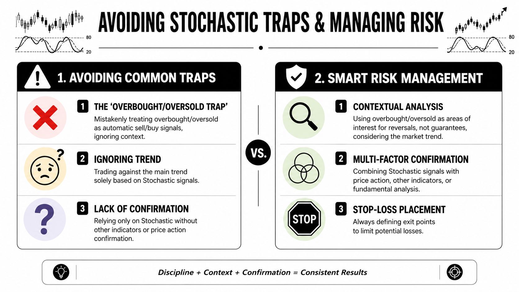 An infographic titled Avoiding Stochastic Traps and Managing Risk, comparing trading pitfalls with smart risk management techniques.