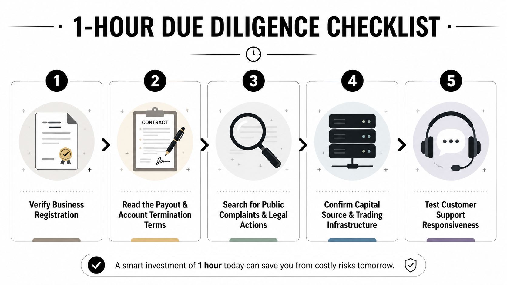 A five-step due diligence checklist infographic designed to help traders evaluate prop firms before investing.