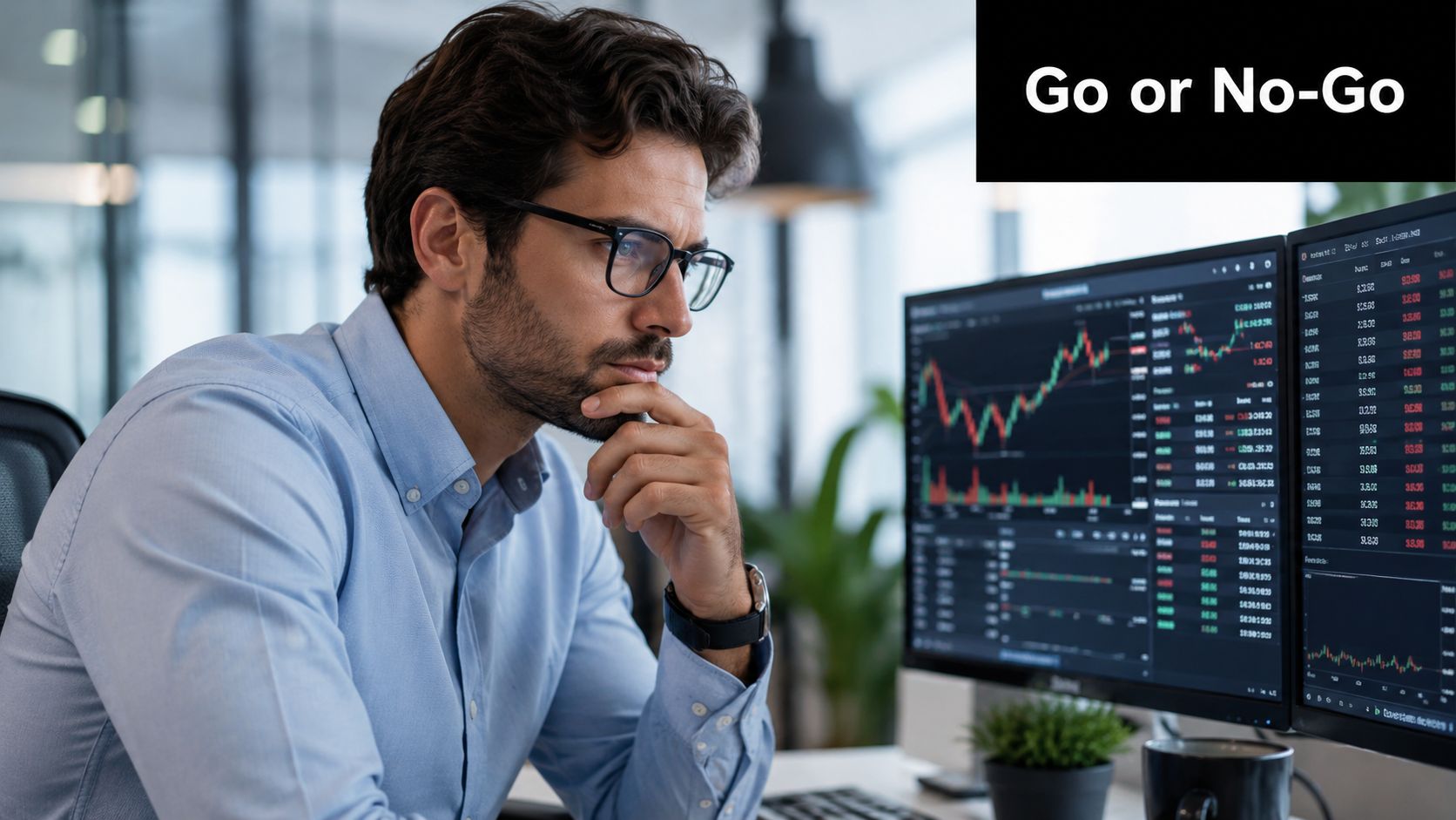 A professional man wearing glasses contemplates financial charts on computer screens, evaluating a Go or No-Go decision.