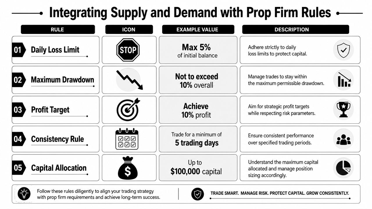 A chart showing key prop firm trading rules including daily loss limits, drawdown, and profit targets.