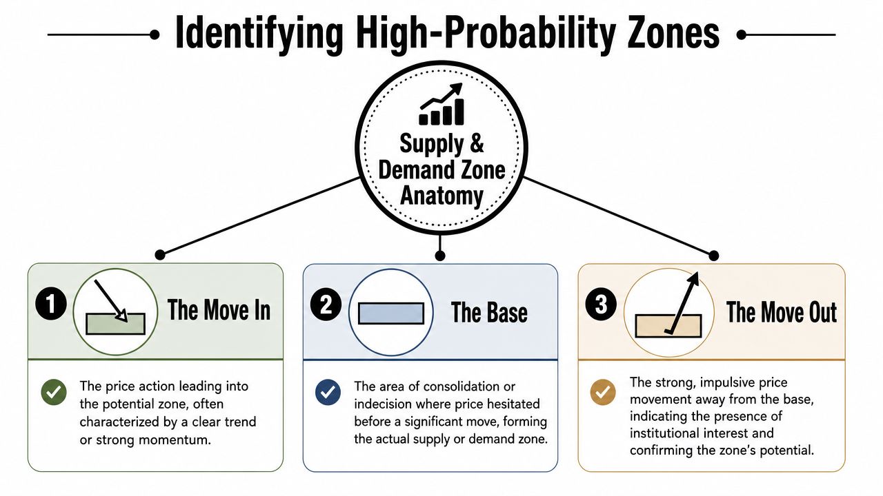 An educational infographic explaining the three core components of identifying high-probability supply and demand trading zones.