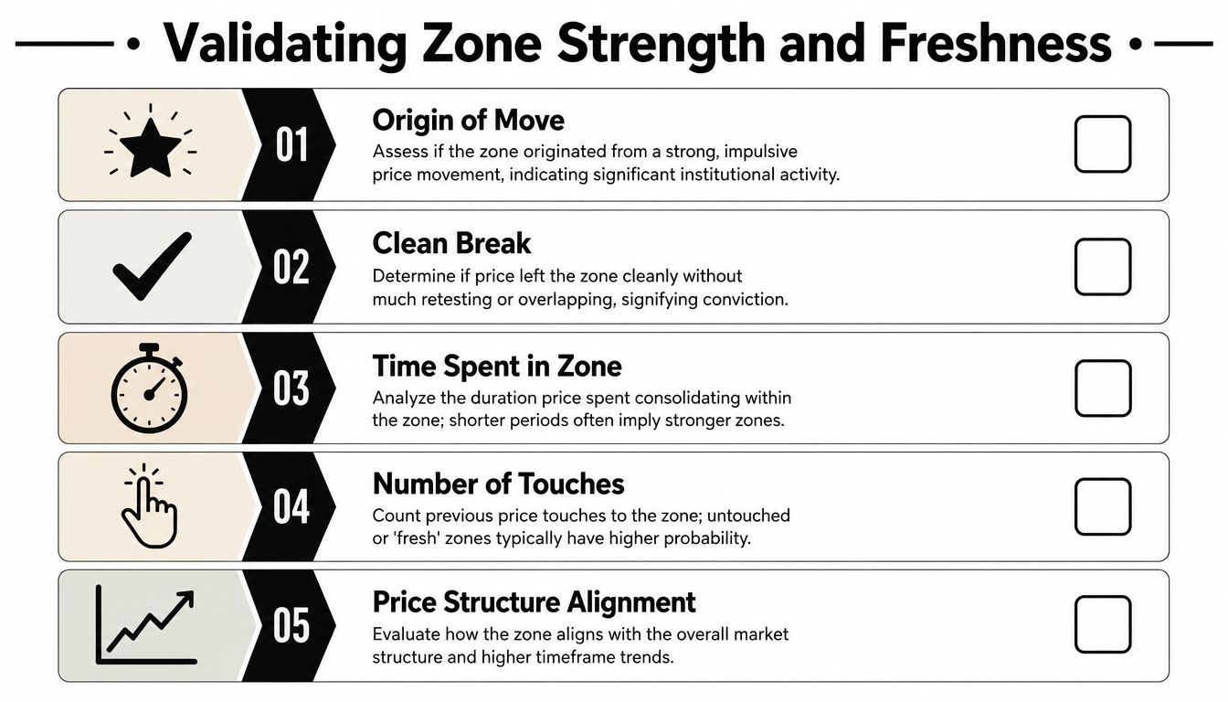 A checklist infographic titled Validating Zone Strength and Freshness for supply and demand trading analysis.