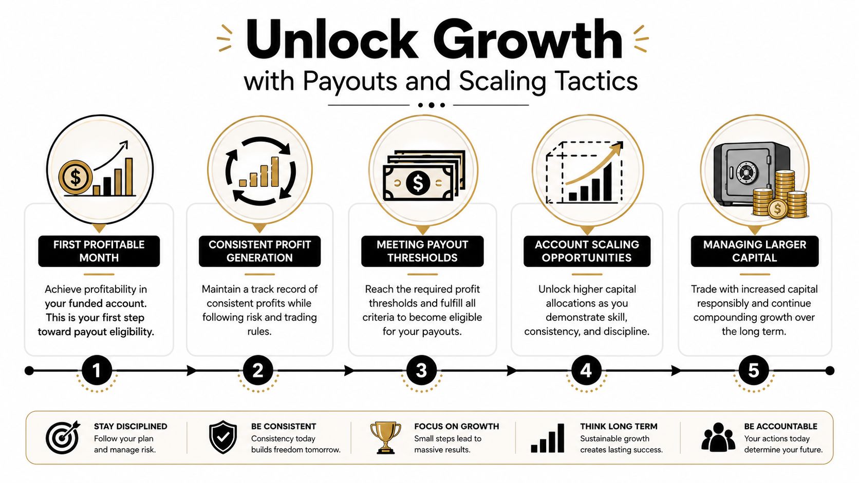 A five-step infographic showing the growth process for funded trading accounts with payouts and scaling tactics.