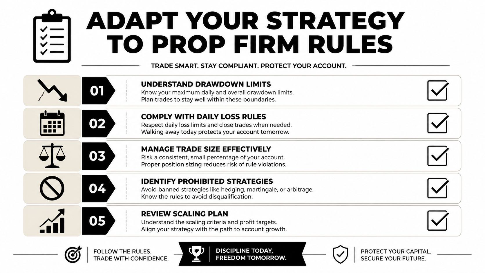 A five-step checklist illustrating how to adapt trading strategies to meet prop firm rules for account growth.