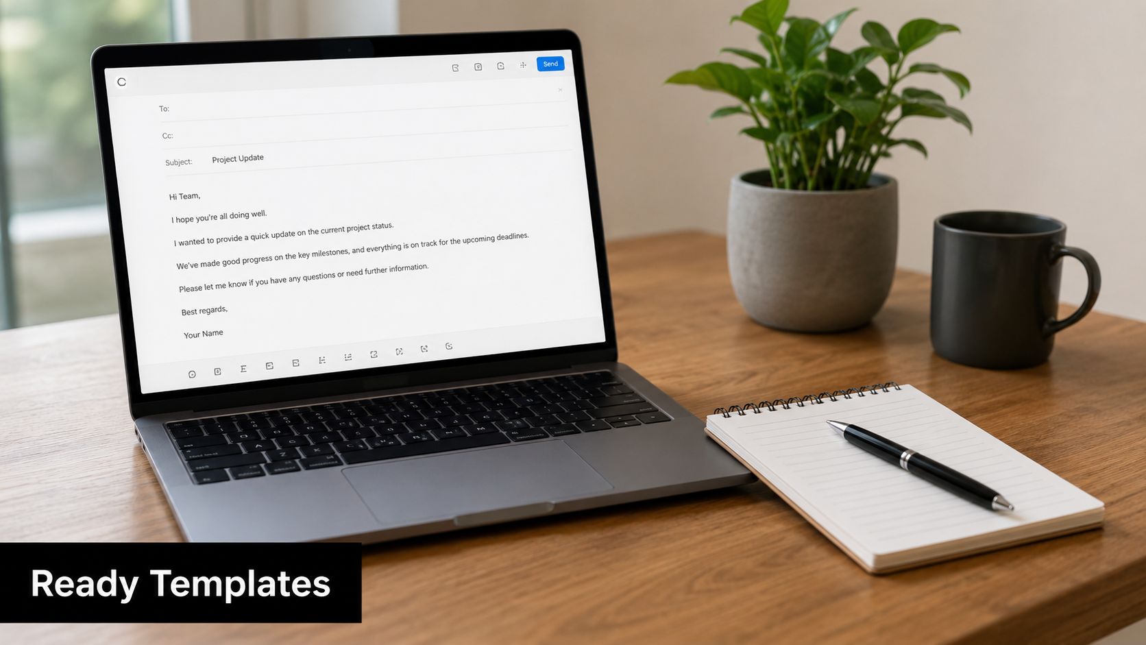 A modern laptop on a wooden desk showing an email template with a notebook and plant nearby.
