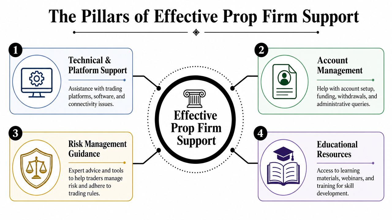 An infographic detailing the four key pillars of effective support services for proprietary trading firms.