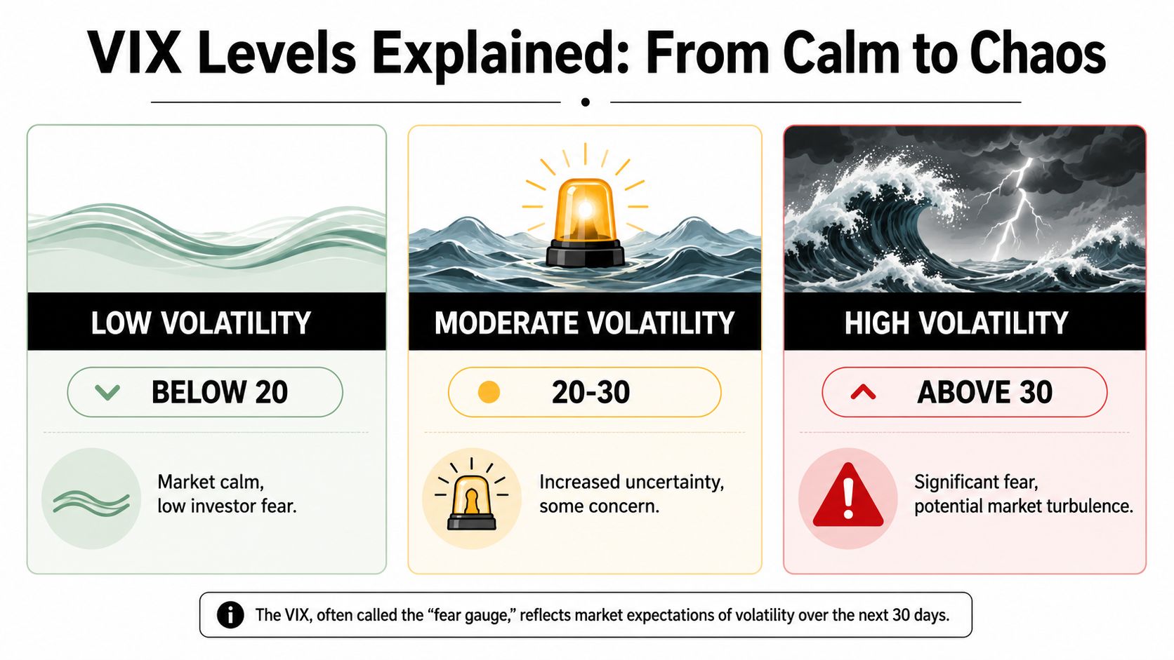 A visual guide illustrating VIX levels categorized as low, moderate, and high volatility with descriptive icons.