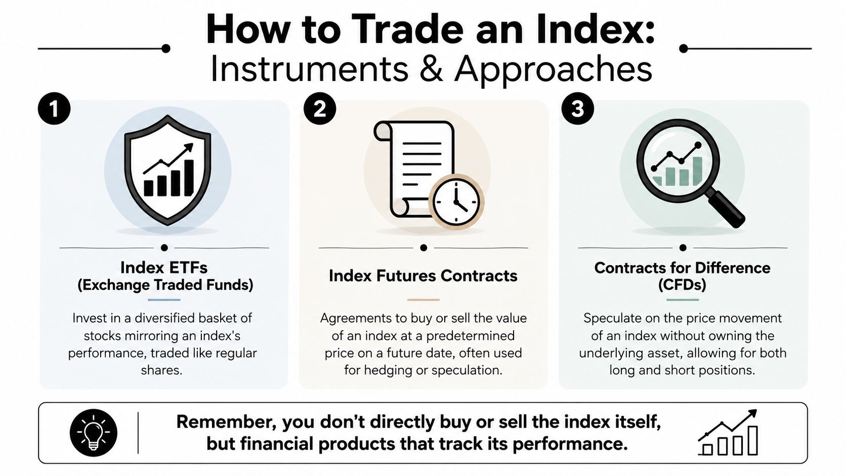 An infographic showing three ways to trade an index including ETFs, futures contracts, and CFDs.