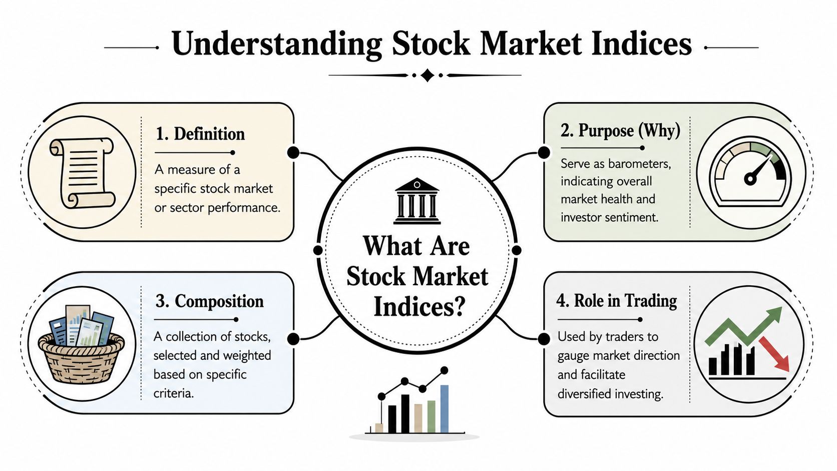 A diagram explaining stock market indices, covering their definition, purpose, composition, and role in trading.