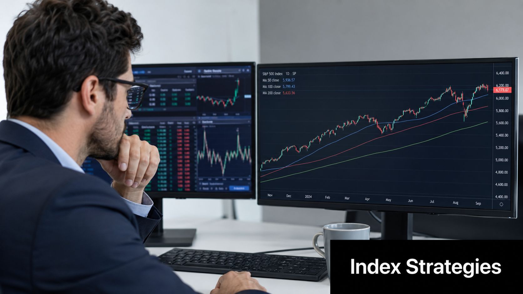 A professional trader in a suit analyzing stock market index charts on dual computer monitors.