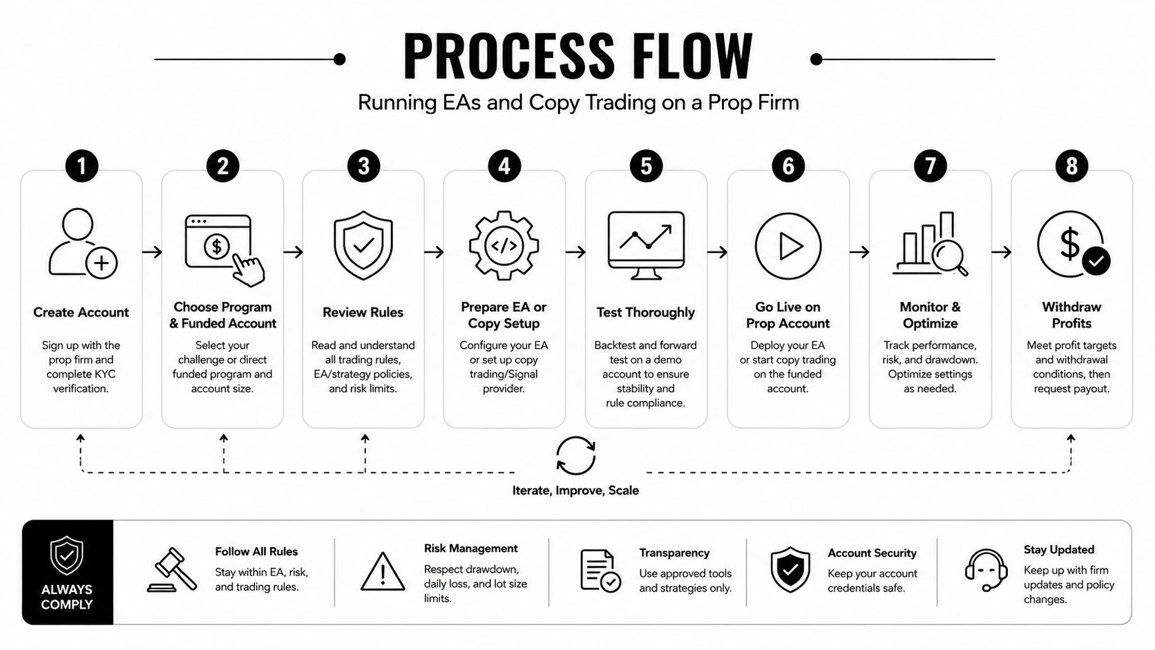 An infographic illustrating an eight-step process flow for using algorithmic trading software on a prop firm.