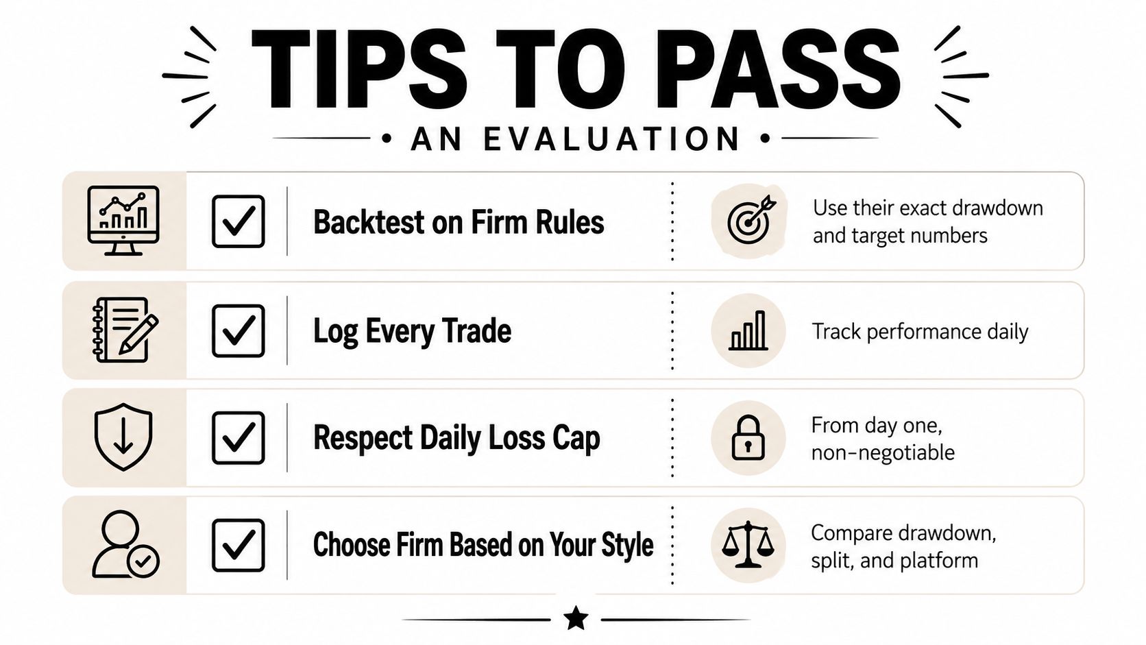 A four-point infographic providing essential tips for passing a prop firm trading evaluation successfully.