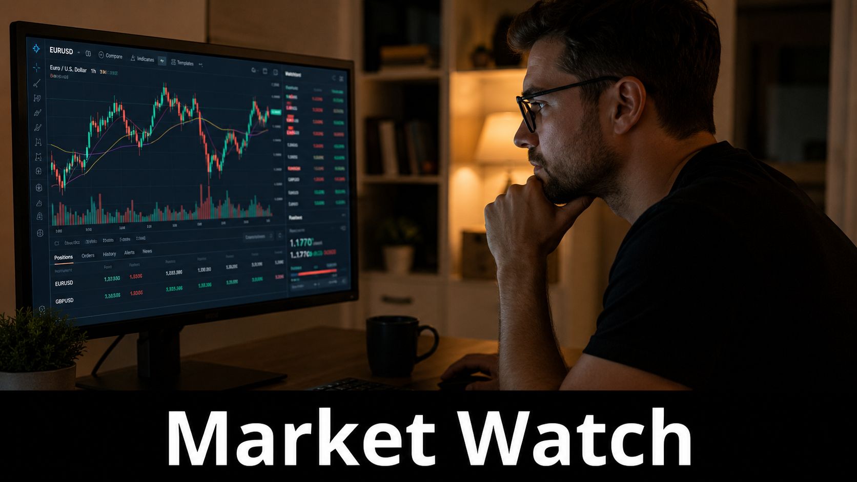 A focused man wearing glasses analyzes real-time currency trading charts on a computer monitor at night.