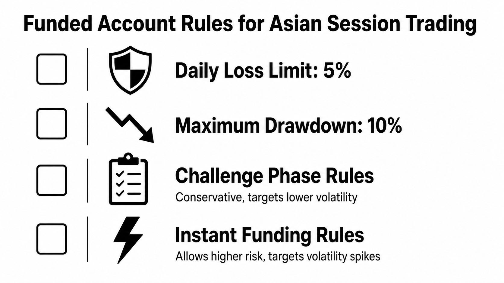 A list of trading rules for Asian session funded accounts, including loss limits and drawdown parameters.