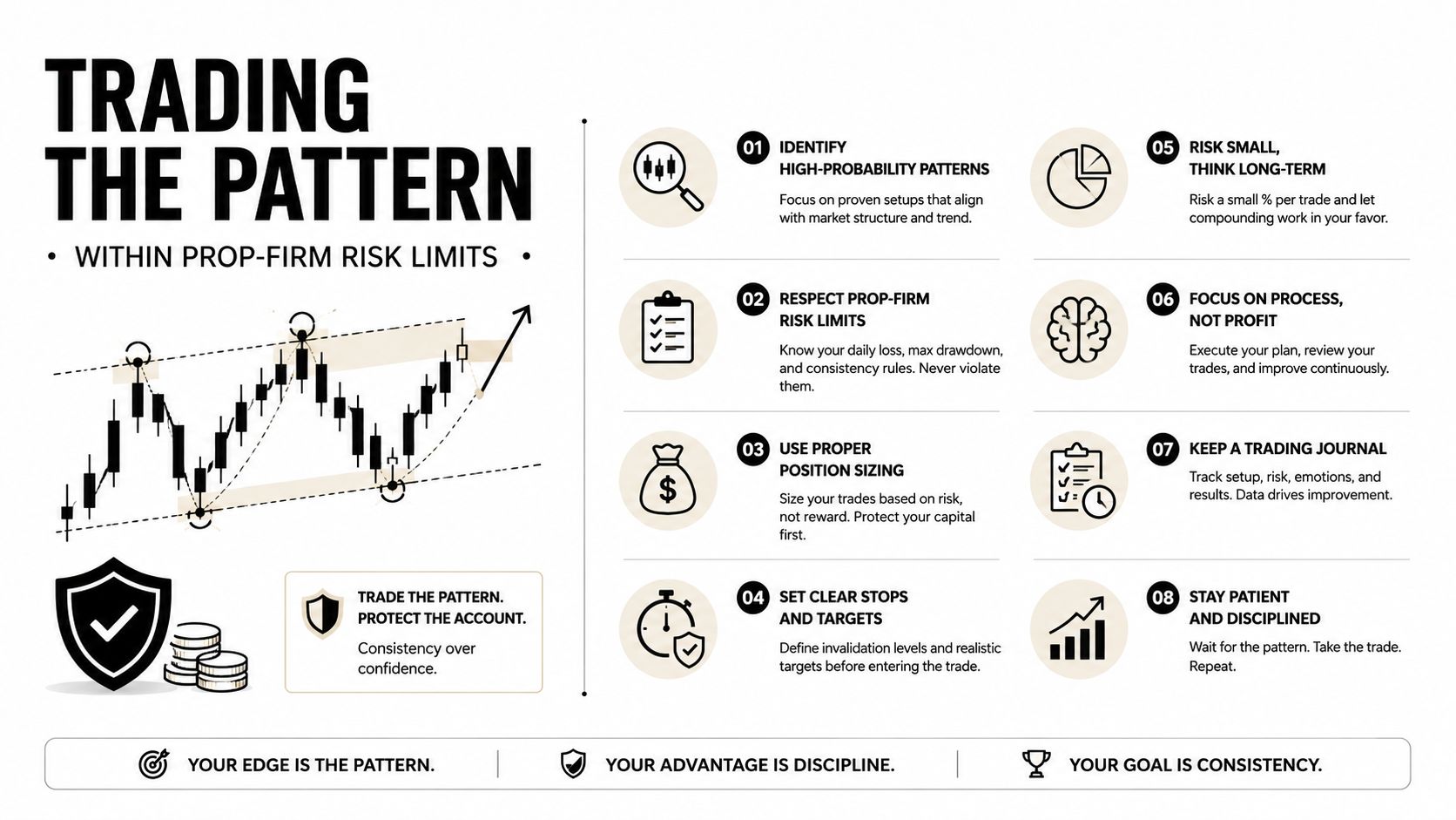 An infographic titled Trading the Pattern within prop-firm risk limits outlining eight essential steps for successful trading.