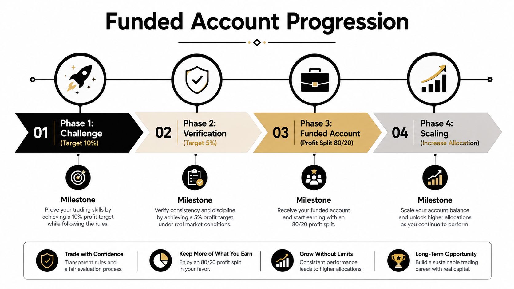 A four-phase funded account progression chart showing the steps from trading challenge to scaling capital.
