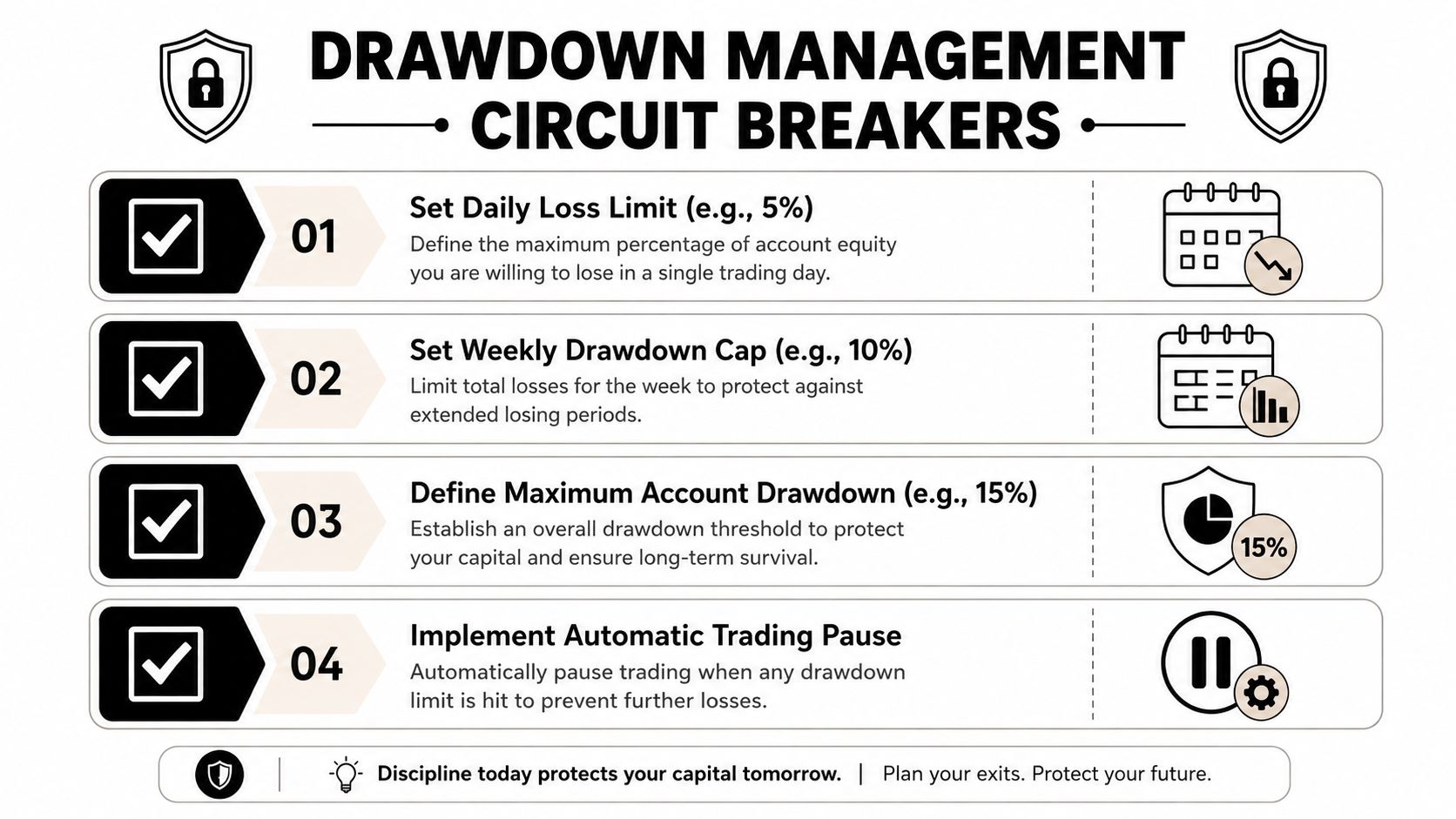 A diagram illustrating four key drawdown management circuit breakers for protecting trading capital and risk management.