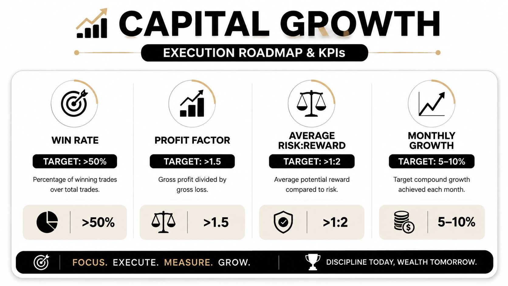 A professional infographic detailing key capital growth execution roadmap strategies, performance indicators, and financial trading goals.