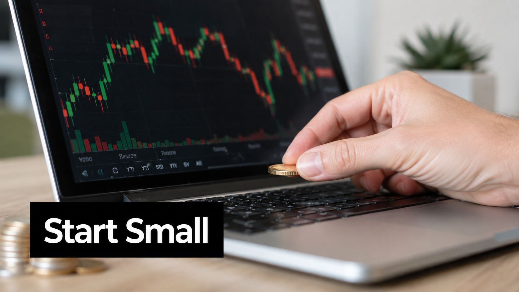 A person's hand holding a coin over a laptop keyboard with a stock market graph screen visible.