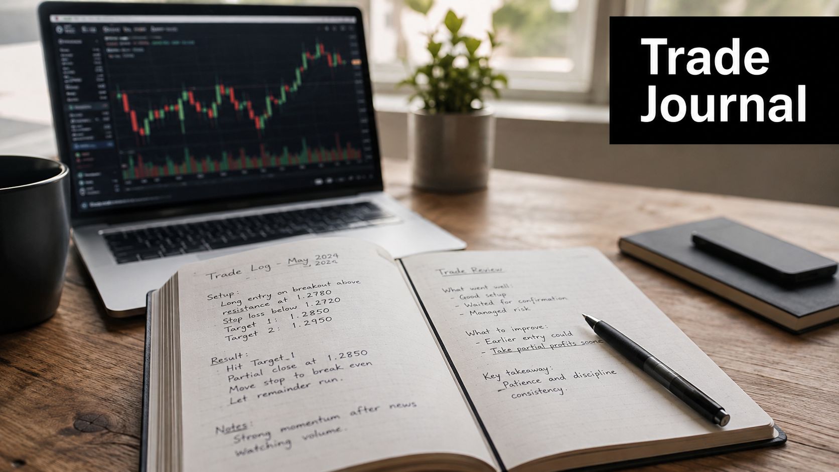 A professional desk setup featuring a laptop with trading charts and a handwritten trade journal notebook.