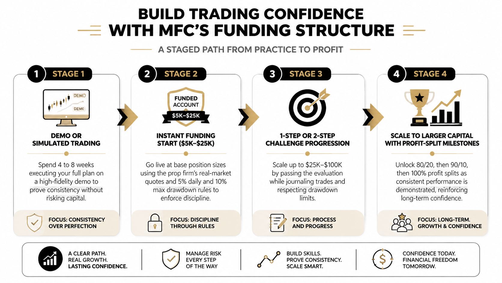 An infographic showing a four-stage process to build trading confidence through a structured funding path.