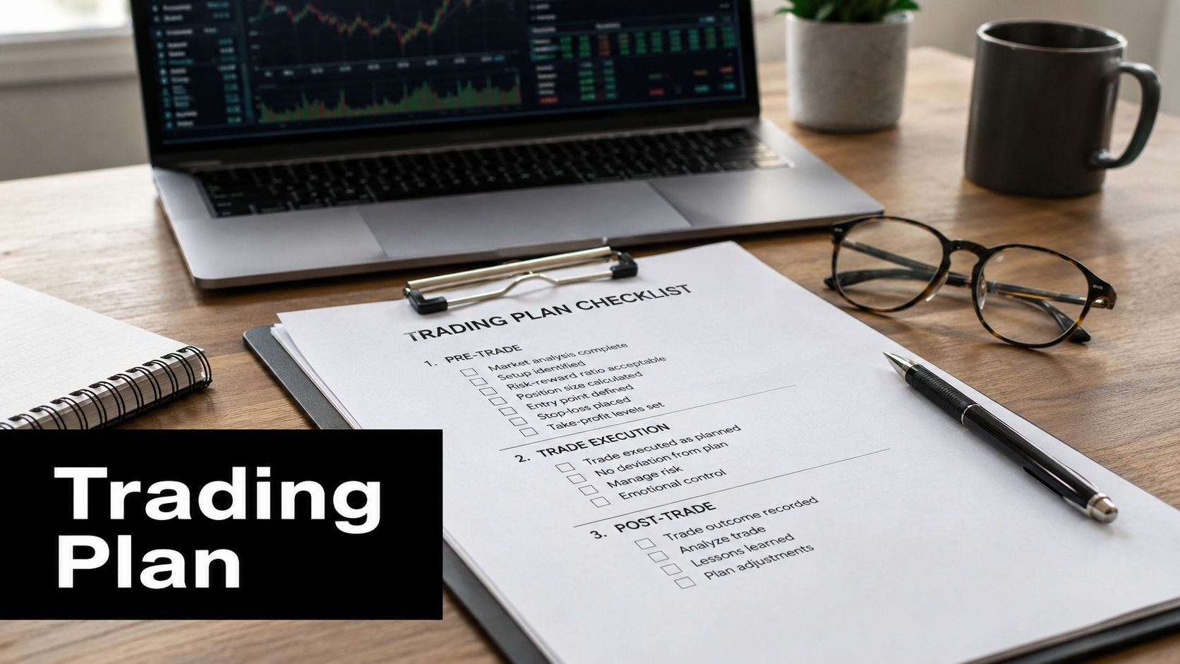 A printed trading plan checklist sits on a desk next to a laptop and glasses.