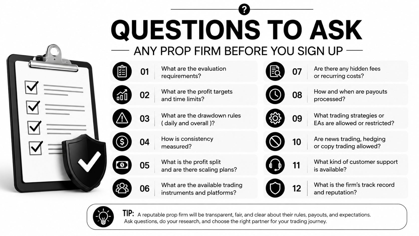 An infographic checklist outlining twelve essential questions to ask a proprietary trading firm before signing up.