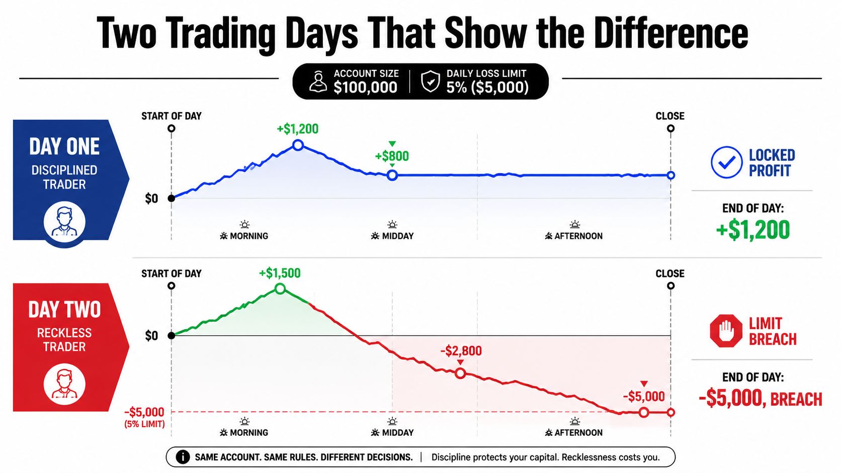An infographic comparing the trading patterns of a disciplined trader versus a reckless trader using a daily loss limit.