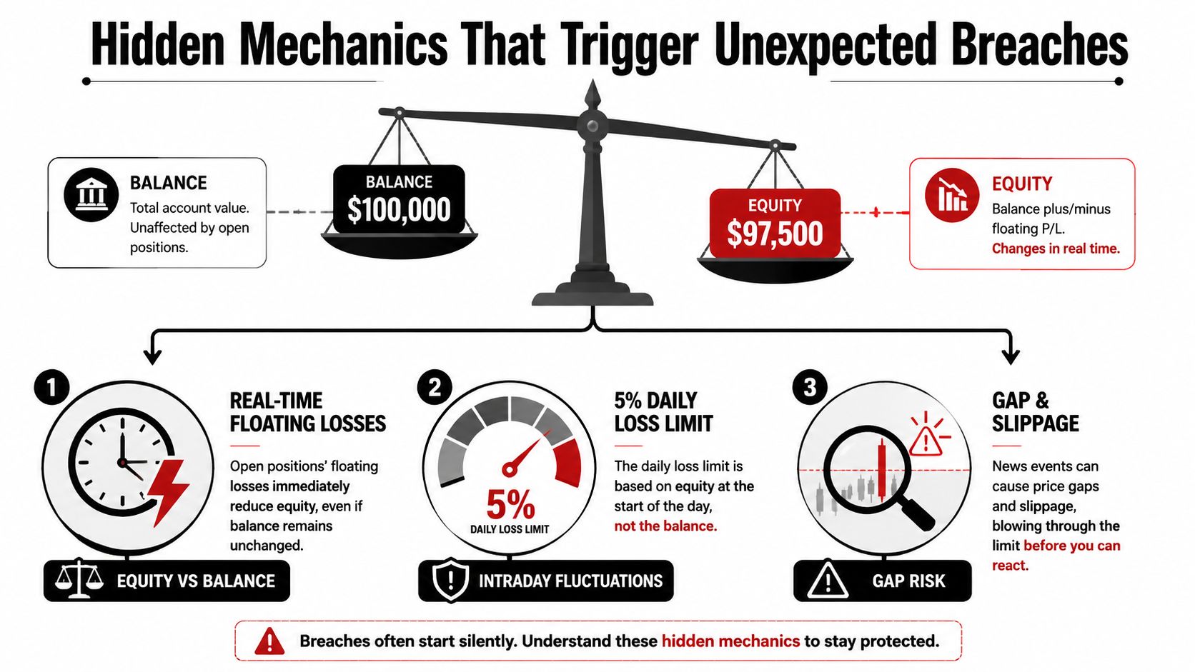 An infographic explaining how equity and floating losses impact trading accounts, including daily loss limits and gap risks.